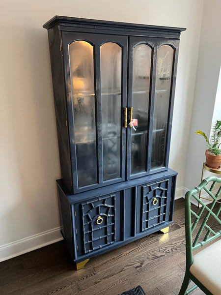 Vintage Faux Bamboo China Cabinet with Fretwork Detailing Available for Custom Lacquer! - Hibiscus House