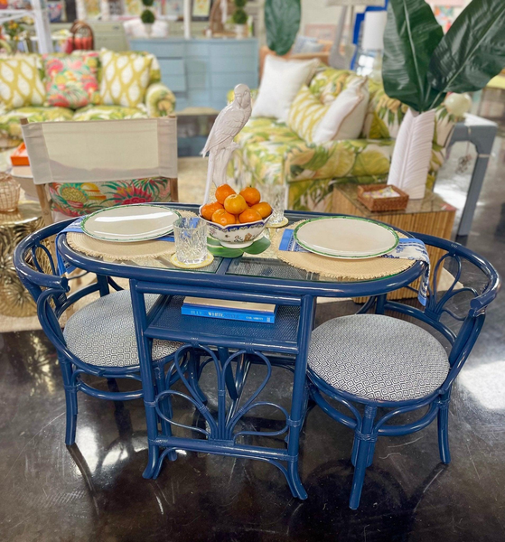 Vintage Rattan Lattice Honeymoon Table and Chair Set Available to Customize!