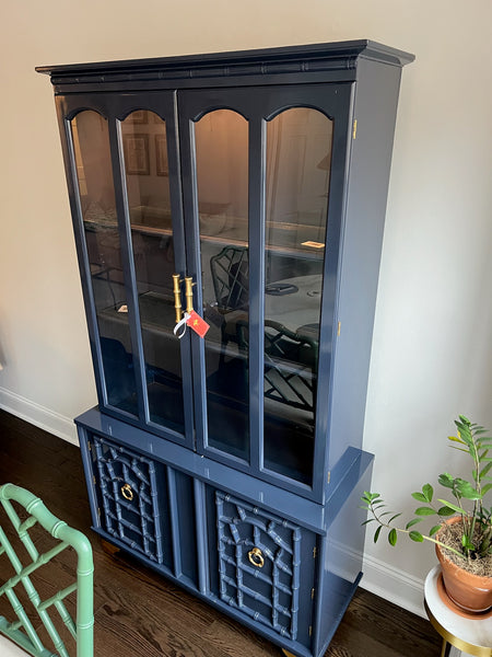 Vintage Faux Bamboo China Cabinet with Fretwork Detailing Available for Custom Lacquer! - Hibiscus House