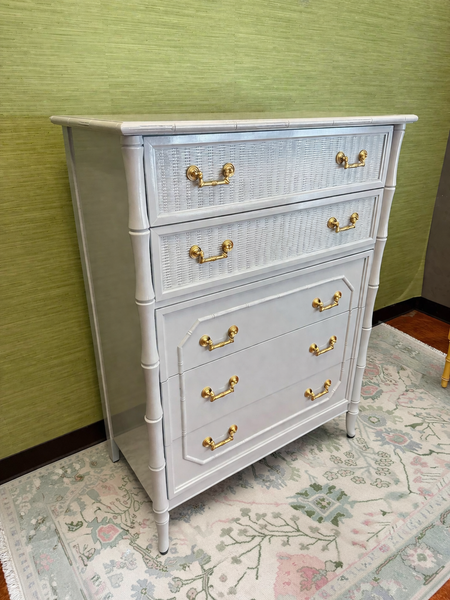 Broyhill Bamboo Tallboy Chest of Drawers Lacquered in Blue Heather Ready to Ship