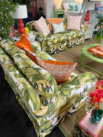 Vintage Green Palm Sofa and Loveseat Pair Available and Ready to Ship! - Hibiscus House
