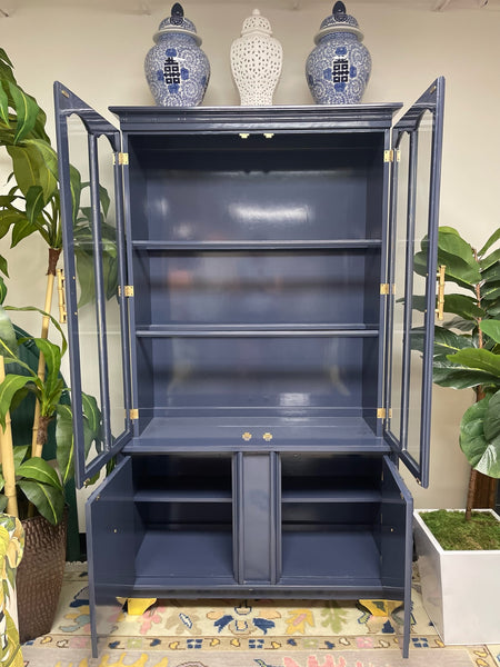 Vintage Faux Bamboo China Cabinet with Fretwork Detailing Available for Custom Lacquer! - Hibiscus House