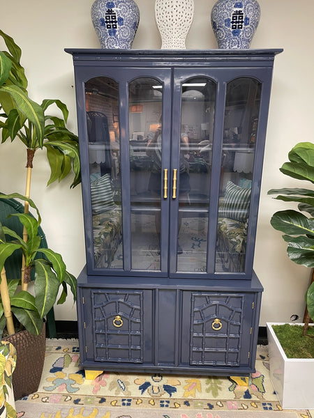 Vintage Faux Bamboo China Cabinet with Fretwork Detailing Available for Custom Lacquer! - Hibiscus House