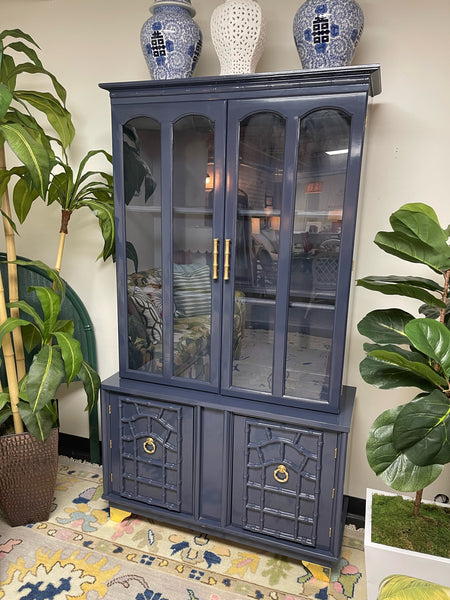 Vintage Faux Bamboo China Cabinet with Fretwork Detailing Available for Custom Lacquer! - Hibiscus House