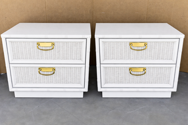 Vintage Thomasville Faux Bamboo and Rattan Nightstand Pair Available for Custom Lacquer