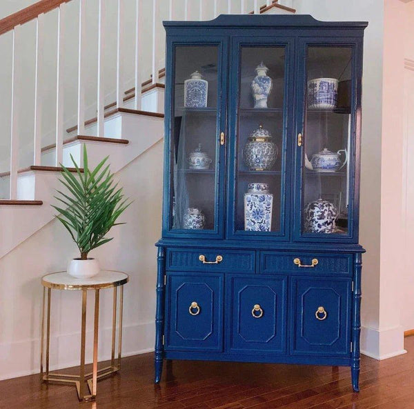Vintage Broyhill Furniture Faux Bamboo Two Piece China Cabinet Available for Lacquer - Hibiscus House