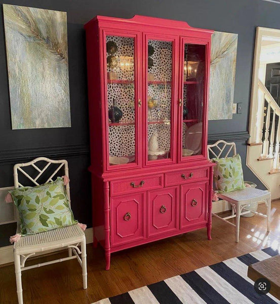 Vintage Broyhill Furniture Faux Bamboo Two Piece China Cabinet Available for Lacquer - Hibiscus House