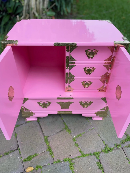 Vintage Tansu-Style Lingerie Chest with Unique Butterfly Hardware Available for Custom Lacquer