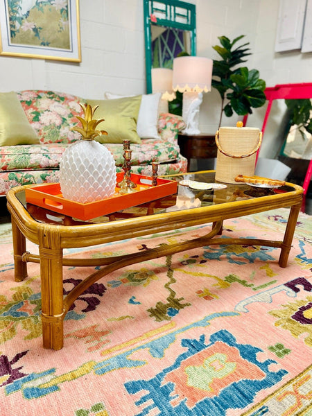 Vintage Faux Bamboo Rattan Wrapped Inlaid Coffee Table Ready to Ship - Hibiscus House