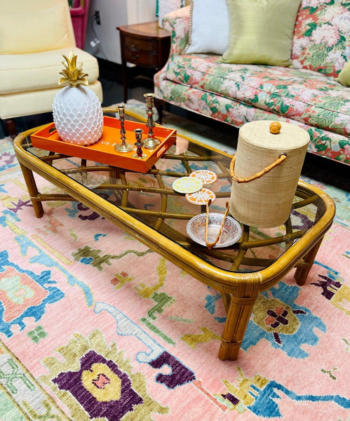 Vintage Faux Bamboo Rattan Wrapped Inlaid Coffee Table Ready to Ship - Hibiscus House