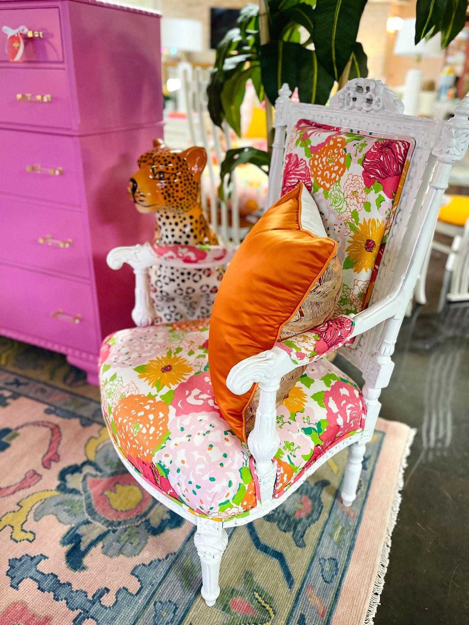 Pair of Lacquered High Back Arm Chair Upholstered in Lilly Pulitzer Fabric Ready to Ship! - Hibiscus House