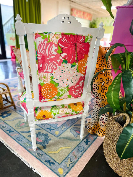 Pair of Lacquered High Back Arm Chair Upholstered in Lilly Pulitzer Fabric Ready to Ship! - Hibiscus House