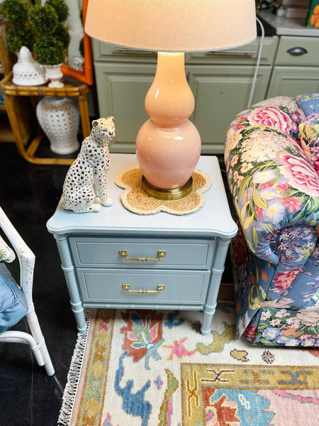 Vintage Pair of Classic Faux Bamboo Nightstands Lacquered in Yarmouth Blue Ready to Ship! - Hibiscus House