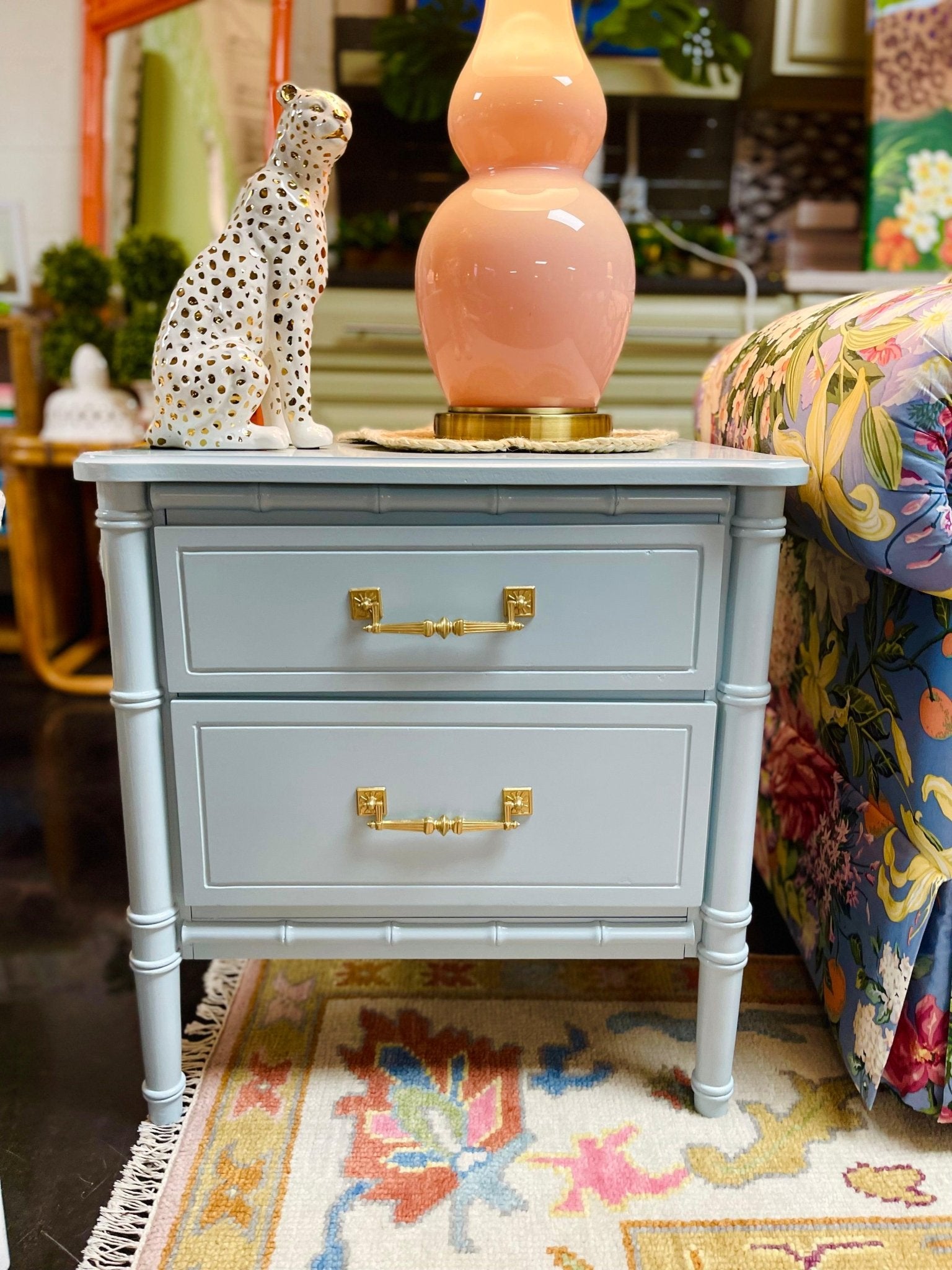 Vintage Pair of Classic Faux Bamboo Nightstands Lacquered in Yarmouth Blue Ready to Ship! - Hibiscus House