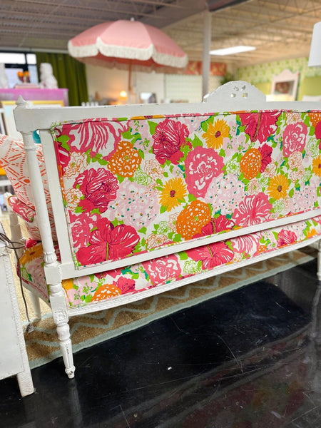 Lacquered Loveseat Upholstered in Custom Lilly Pulitzer Fabric Ready to Ship - Hibiscus House