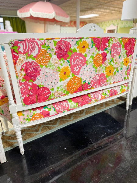 Lacquered Loveseat Upholstered in Custom Lilly Pulitzer Fabric Ready to Ship - Hibiscus House