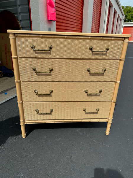 Vintage Faux Bamboo Bachelors Chest of Drawers With Wicker Drawer Fronts Available for Custom Lacquer!