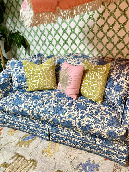 Pearson Furniture Co Custom Upholstered Skirted Scalloped Blue & White Sofa - Hibiscus House