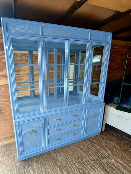 Vintage Bassett Bamboo & Cane Front Two Piece China Cabinet Available for Custom Lacquer! - Hibiscus House