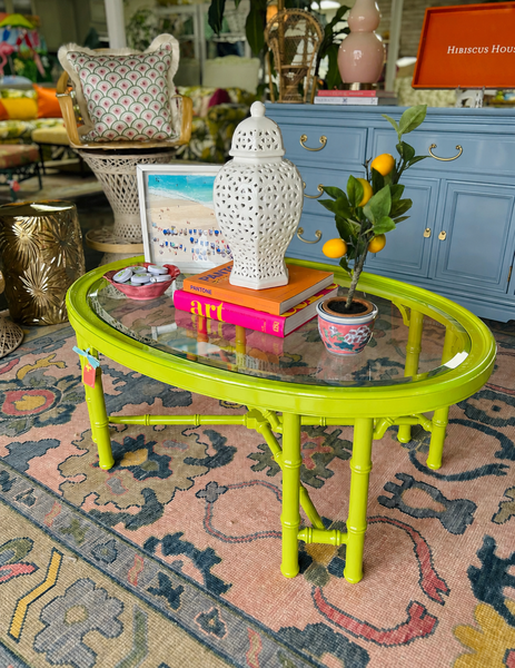 Vintage Faux Bamboo Coffee Table with Fretwork Available for Custom Lacquer! - Hibiscus House