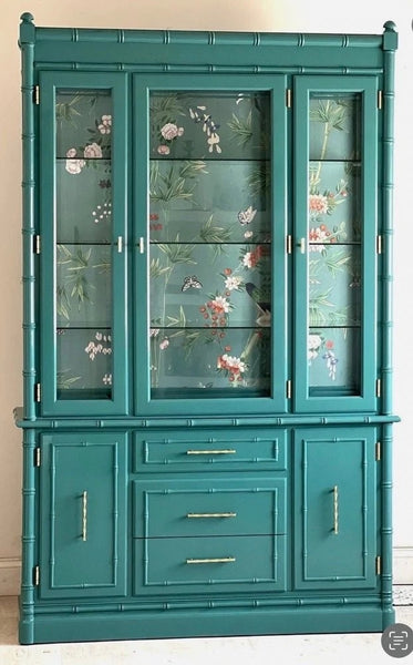 Vintage Bassett Bamboo & Cane Front Two Piece China Cabinet Available for Custom Lacquer!