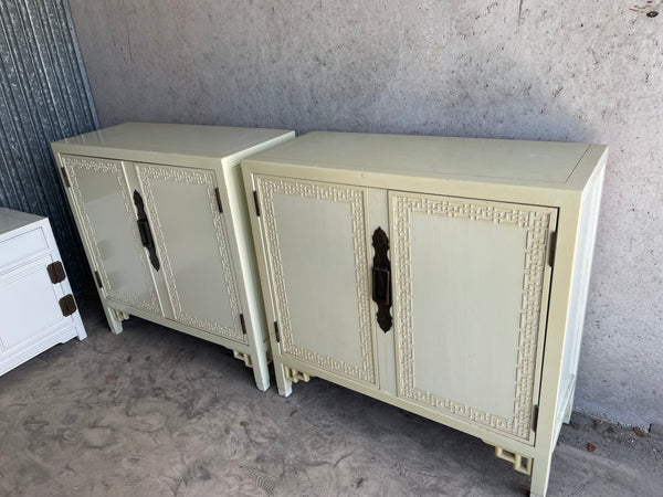 Vintage Pair of Chinoiserie Style Oversized Cabinet Door Nightstands With Greek Key Details Available for Custom Lacquer!