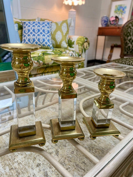 1950s Vintage Brass and Lucite Candlestick Holders - Hibiscus House