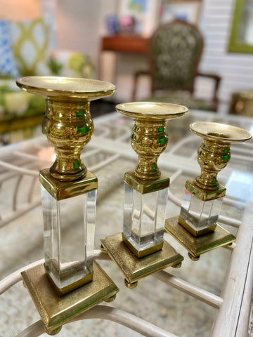 1950s Vintage Brass and Lucite Candlestick Holders - Hibiscus House