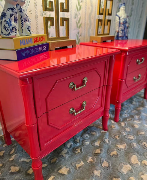 Vintage Pair of Broyhill Furniture Faux Bamboo Two Drawer Nightstands Available for Custom Lacquer!