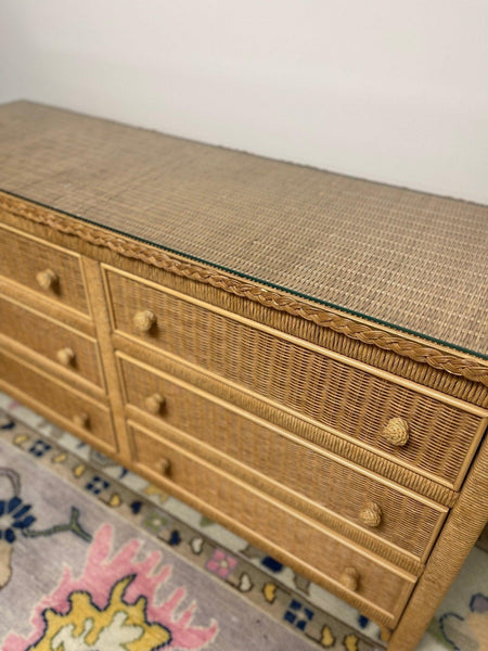 Vintage Henry Link Six Drawer Wicker Dresser with Glass Top Ready to Ship! - Hibiscus House