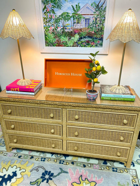 Vintage Henry Link Six Drawer Wicker Dresser with Glass Top Ready to Ship! - Hibiscus House