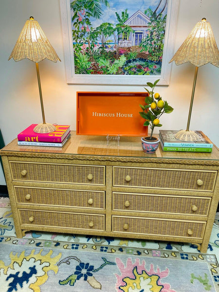 Vintage Henry Link Six Drawer Wicker Dresser with Glass Top Ready to Ship! - Hibiscus House