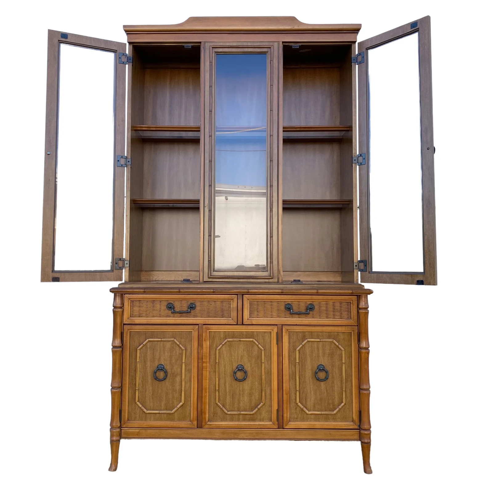 Vintage Broyhill Furniture Faux Bamboo Two-Piece China Cabinet