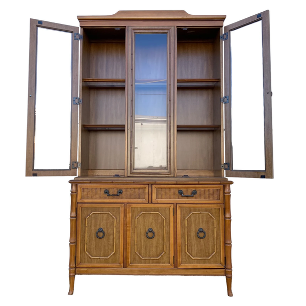Vintage Broyhill Furniture Faux Bamboo Two-Piece China Cabinet Available for Custom Lacquer - Hibiscus House