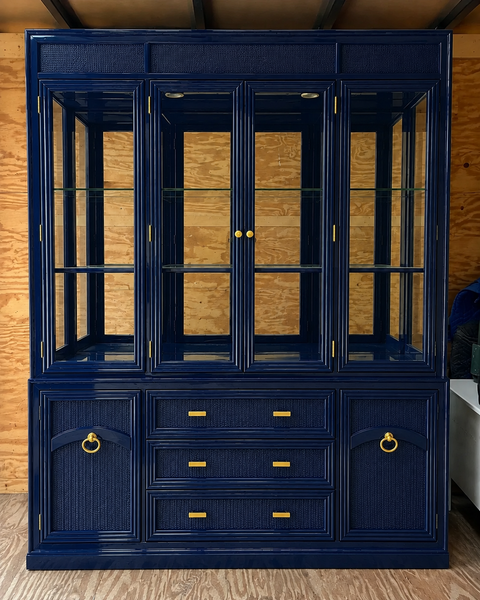 Vintage Bassett Bamboo & Cane Front Two Piece China Cabinet Available for Custom Lacquer! - Hibiscus House
