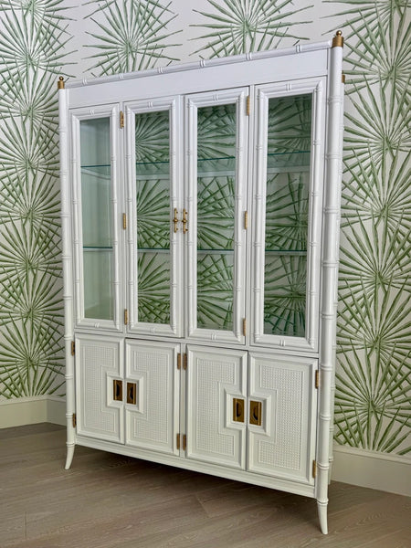 Vintage Bassett Bamboo & Cane Front Two Piece China Cabinet Available for Custom Lacquer!