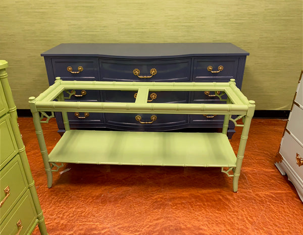 Vintage Faux Bamboo and Cane Two-Tier Glass Top Console Table with Fretwork Available for Custom Lacquer! - Hibiscus House
