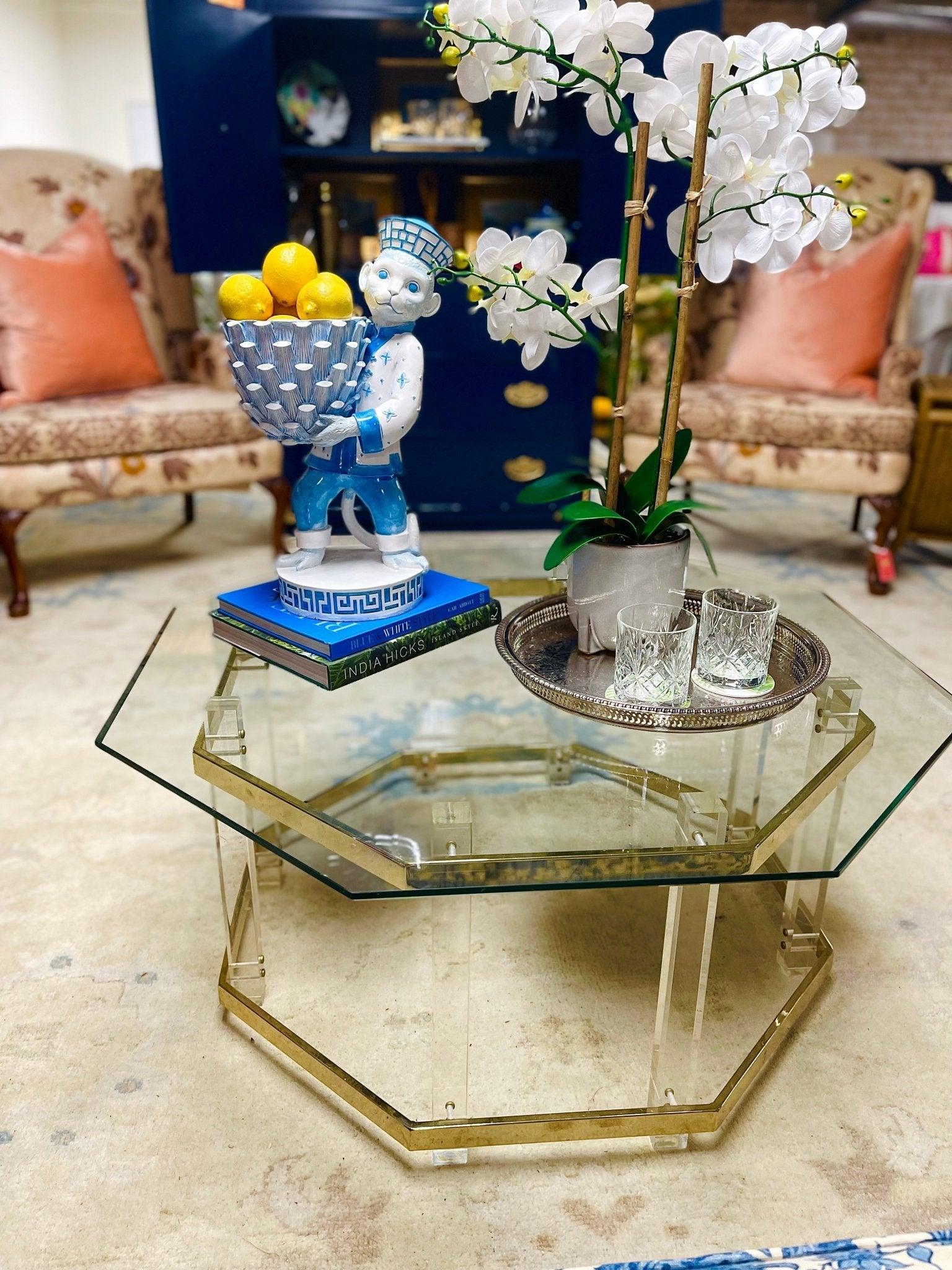1960's Charles Hollis Jones Octagon Lucite & Brass Coffee Table