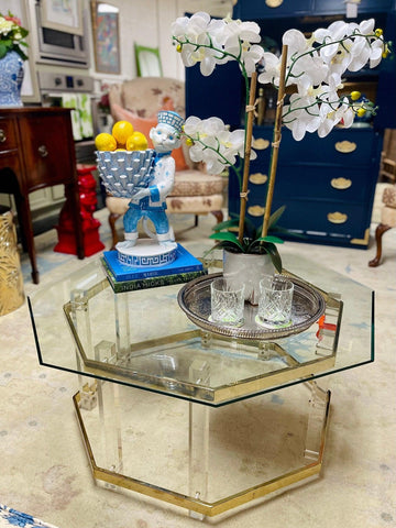 1960's Charles Hollis Jones Octagon Lucite & Brass Coffee Table Available and Ready to Ship - Hibiscus House