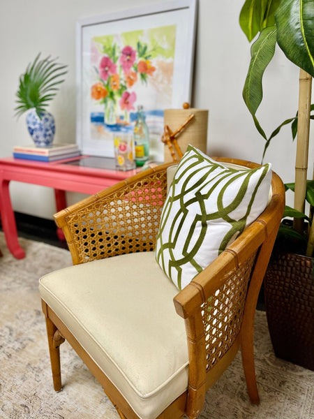 Vintage Pair of Cane Barrel Back Upholstered Chairs - Hibiscus House