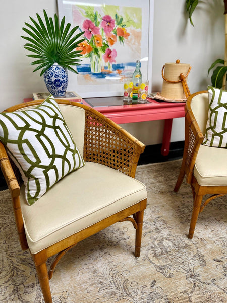 Vintage Pair of Cane Barrel Back Upholstered Chairs - Hibiscus House