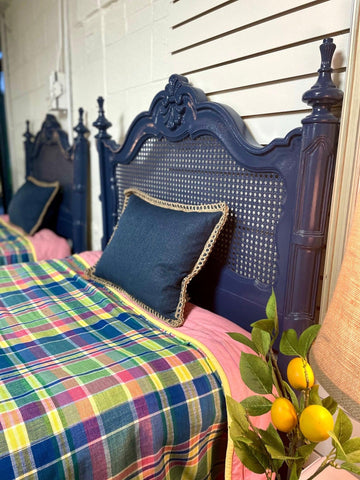 Vintage Cane Twin Headboards Lacquered in Indigo Batik - Hibiscus House