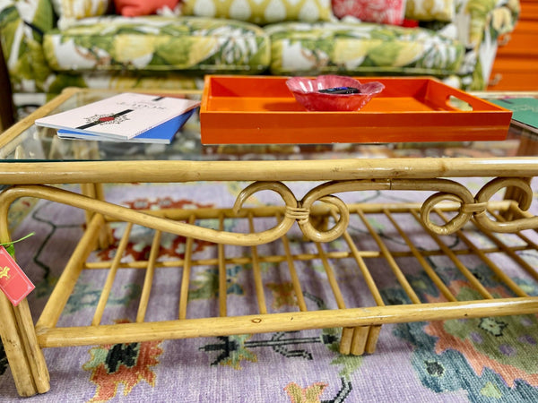 Vintage Rattan Glass Top Inlaid Coffee Table Ready to Ship! - Hibiscus House