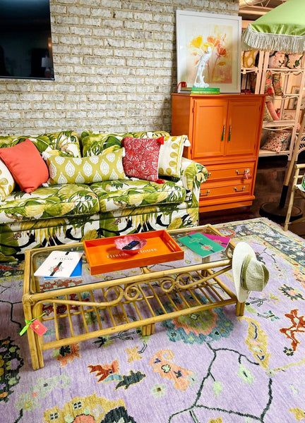 Vintage Rattan Glass Top Inlaid Coffee Table Ready to Ship! - Hibiscus House