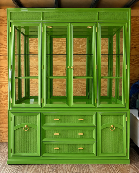 Vintage Bassett Bamboo & Cane Front Two Piece China Cabinet Available for Custom Lacquer! - Hibiscus House