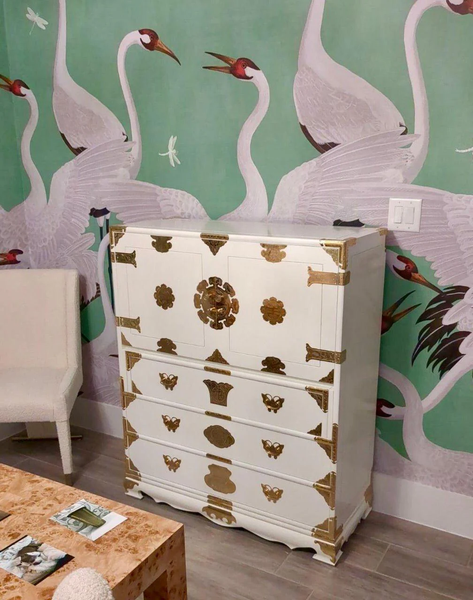 Vintage Tansu-Style Lingerie Chest with Unique Butterfly Hardware Available for Custom Lacquer