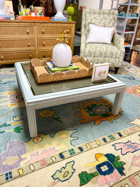 Vintage Square Shaped Cane Top Coffee Table with Inlaid Glass Lacquered in Quiet Moments - Hibiscus House