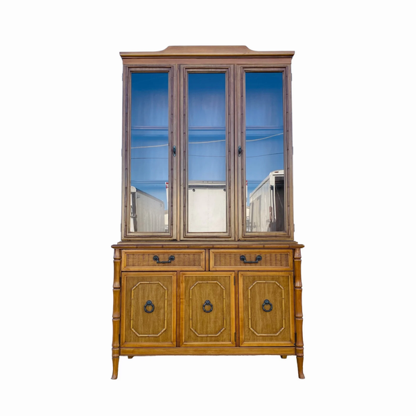 Vintage Broyhill Furniture Faux Bamboo Two-Piece China Cabinet Available for Custom Lacquer - Hibiscus House