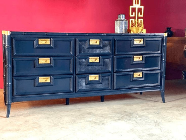 Vintage Stanley Furniture Faux Bamboo Nine Drawer Dresser Available for Custom Lacquer - Hibiscus House