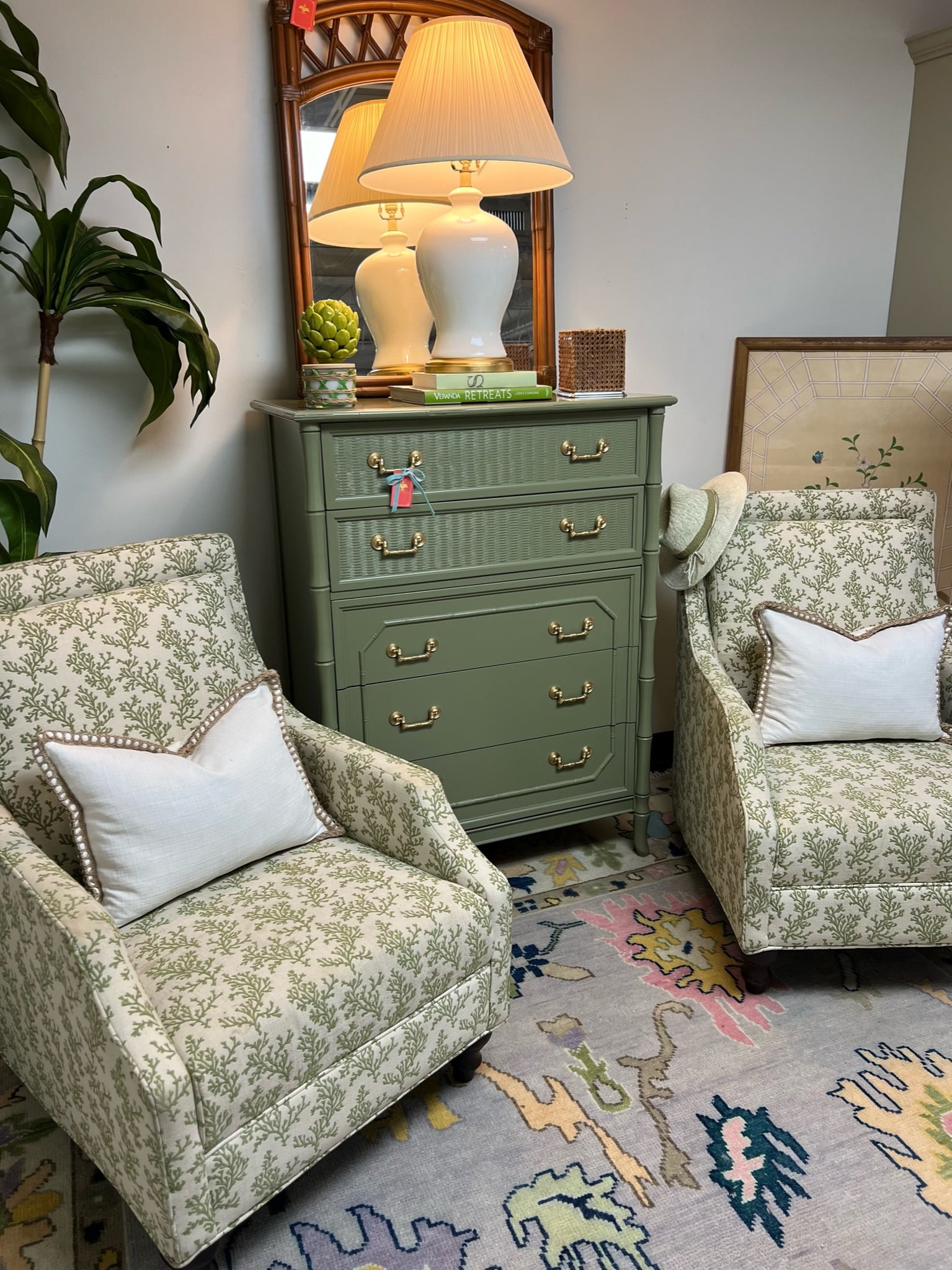 Pair of Green & White Custom Upholstered Armchairs from The Breakers Ready to Ship!